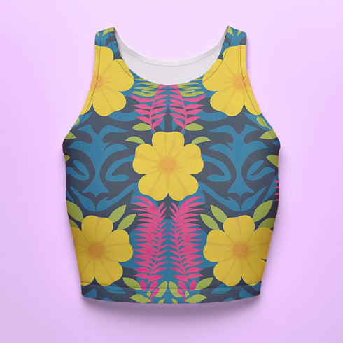 Honey Dazed Brand body-hugging racerback crop top featuring retro floral print with bright yellow flowers, pink geometric patterns, and blue swirls on dark background in performance knit fabric